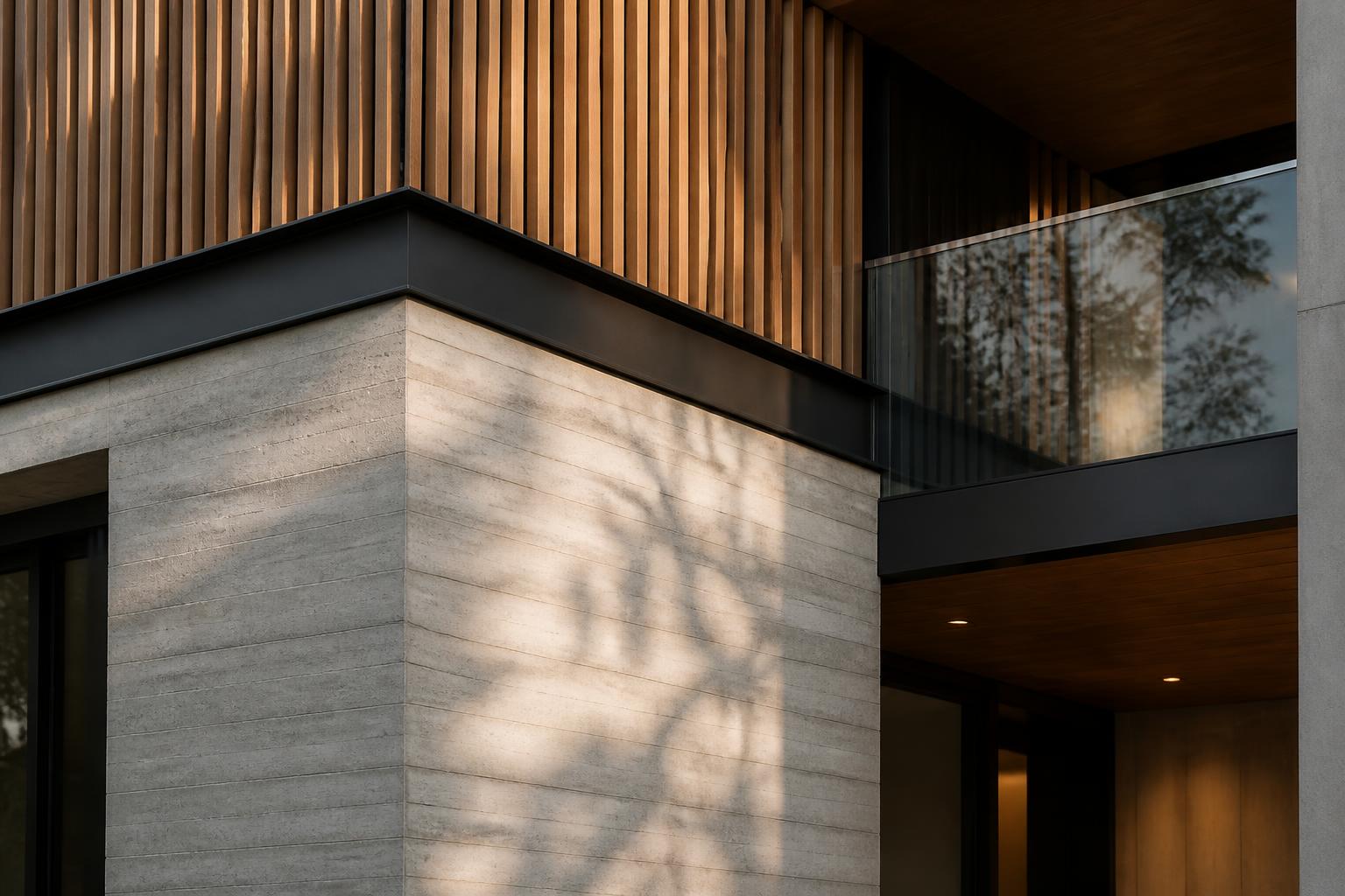Hochwertiges Architekturdetail aus Beton, Holz und Glas