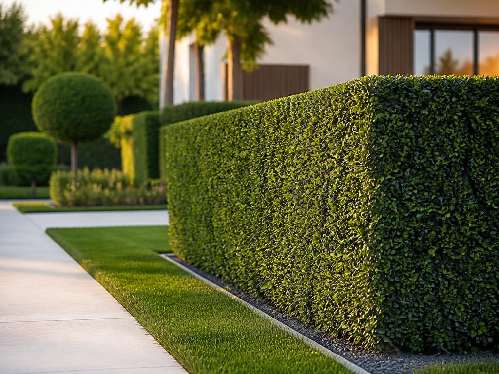 Präzise geschnittene Hecke in einer gepflegten Anlage