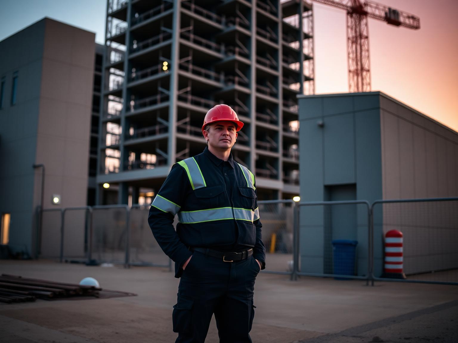 Baustelle in der Dämmerung mit Sicherheitspersonal und abgesperrtem Bereich